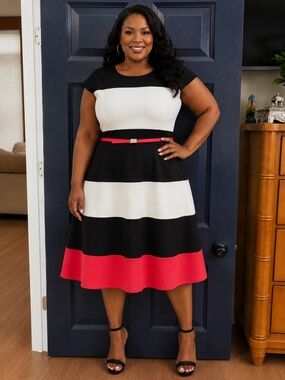 R&K Black, White & Red Striped Midi Dress